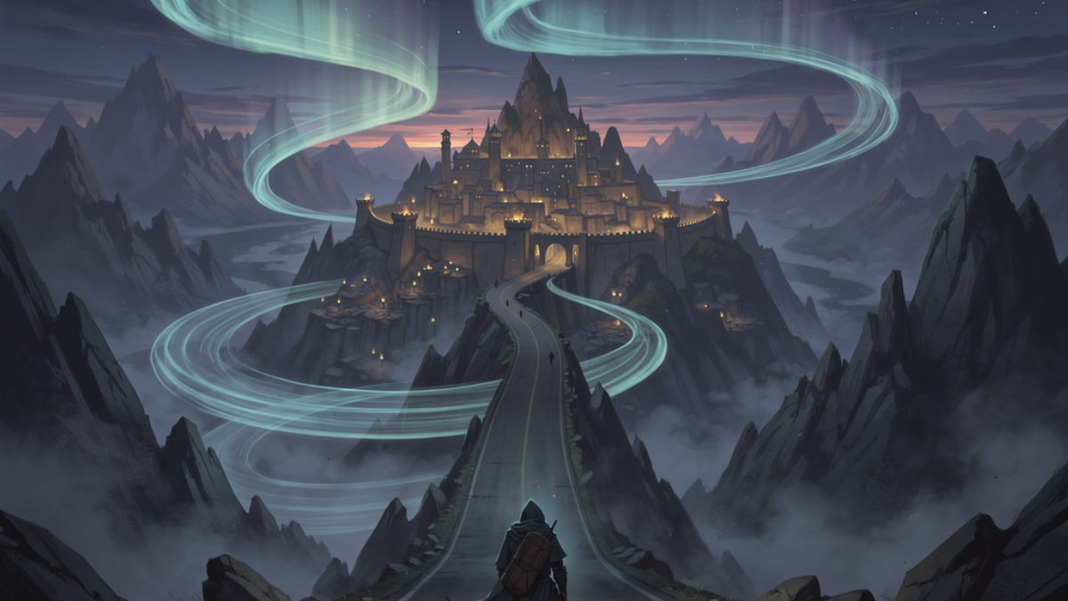 A cloaked traveler seen from behind on a winding mountain road at night, ribbons of aurora light swirling toward a torch-lit walled city at dawn