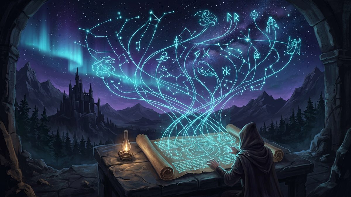 A star chart of glowing constellations woven from threads of an unrolled scroll
