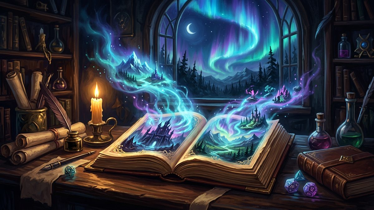An open storybook glowing on a wooden table beneath an aurora-lit night sky