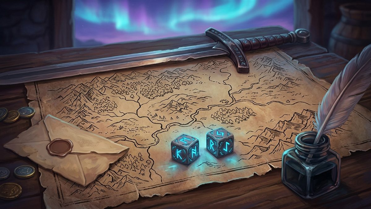 A sword, a quill, and glowing dice laid on a war table beneath an aurora sky