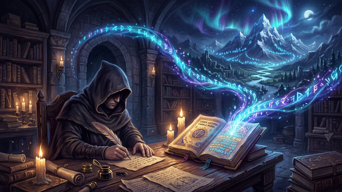 A hooded scribe correcting an illuminated tome by candlelight as glowing runes lift from the page and reform into a distant mountain landscape