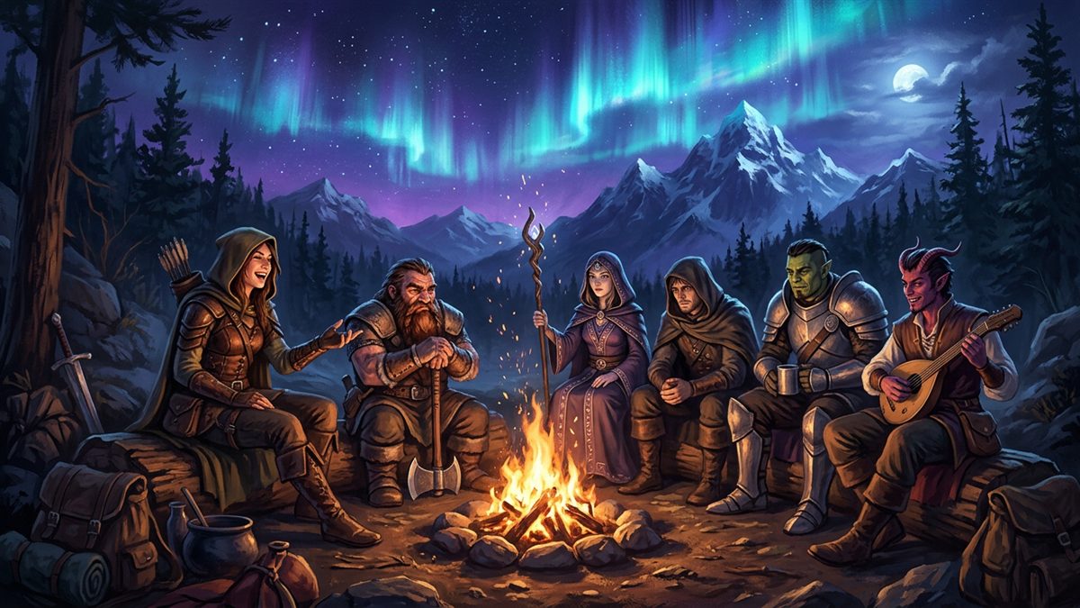 Adventurers gathered around a glowing campfire trading stories under the stars